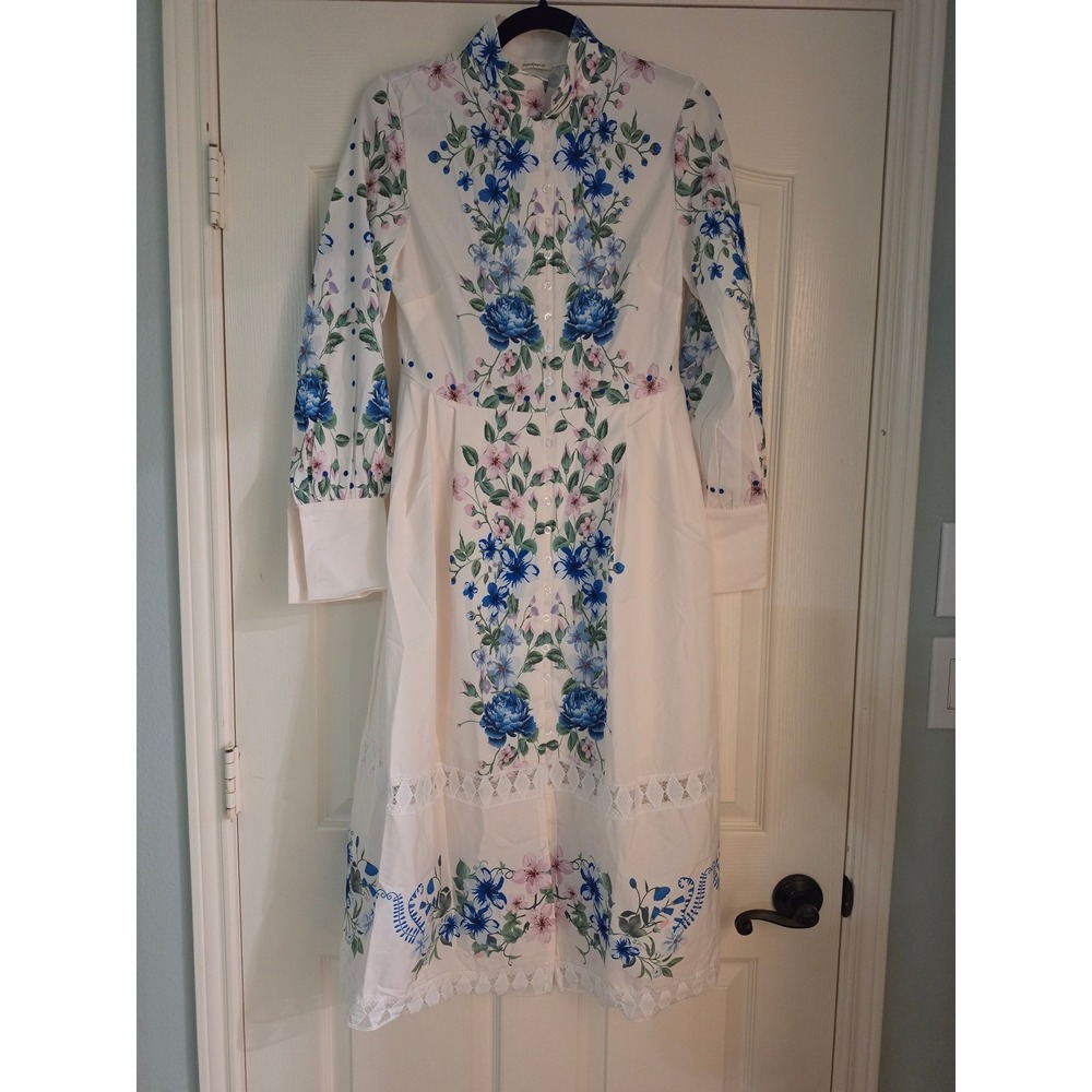 Sunday Up Floral Midi Dress Long Sleeve Button Front Lace Trim Cream Blue Small